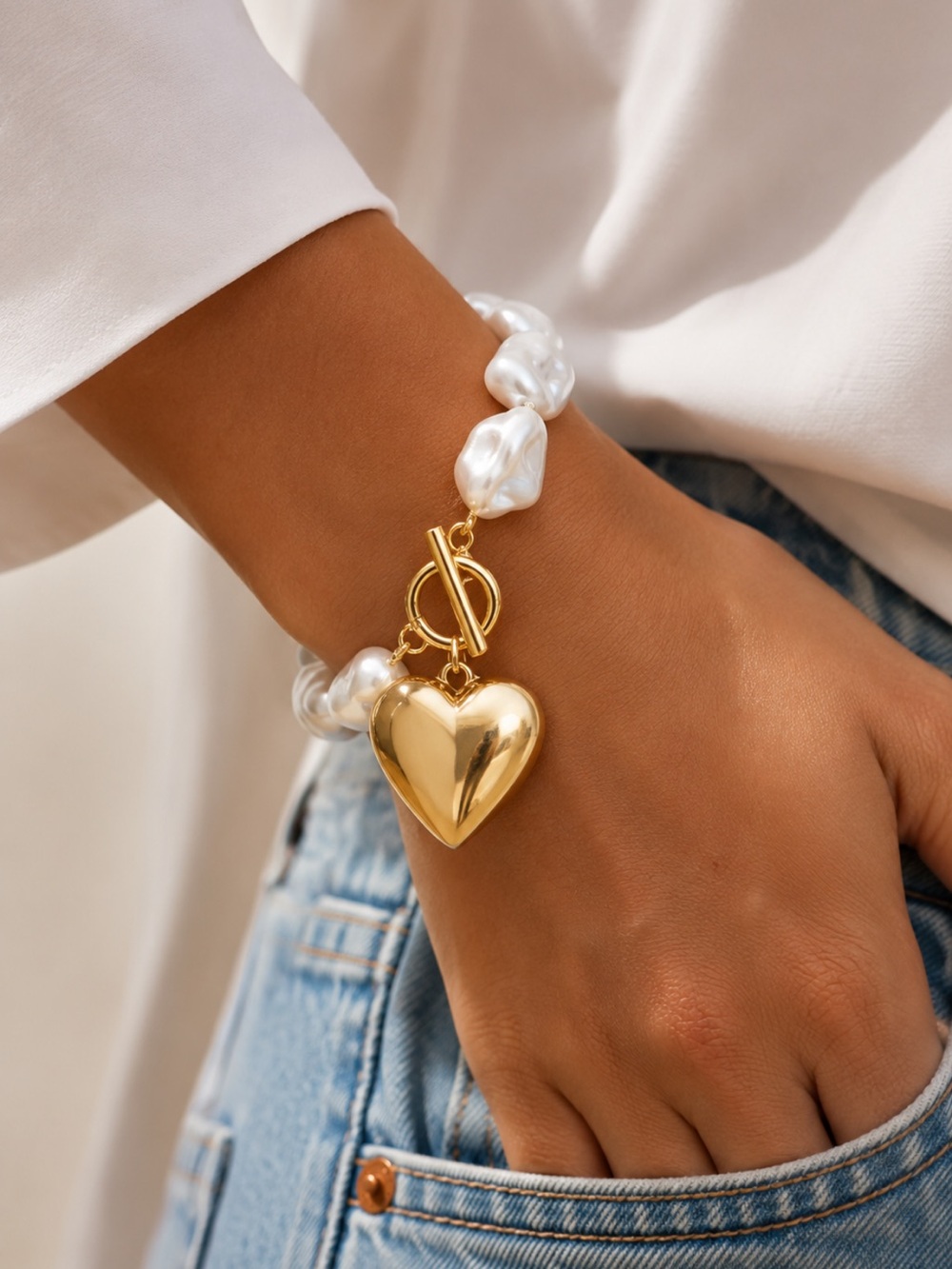 Freshwater Baroque Pearl Bracelet Gold Puffy Heart Toggle Chain Statement Lux